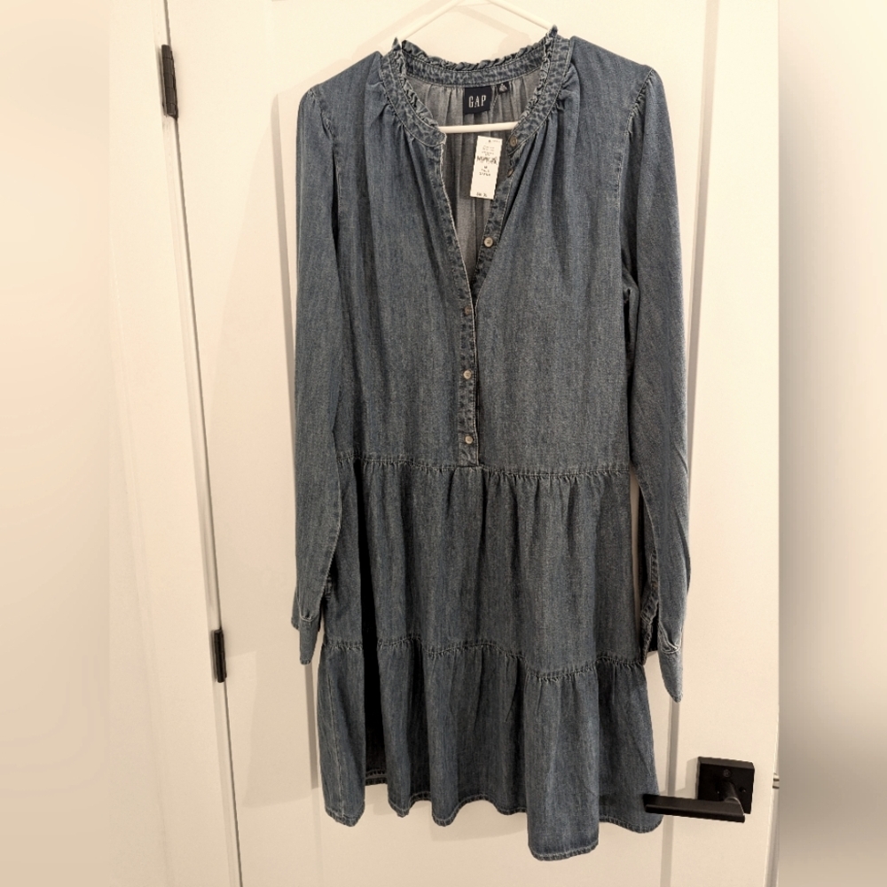 GAP Denim Blue Long Sleeve Tiered Dress